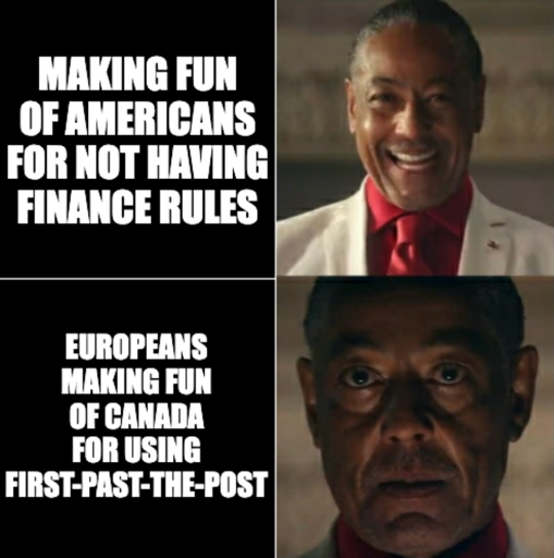 Laughing "Making fun of americans for not having finance rules" serious "Europeans making fun of canada for using first-past-the-post" 