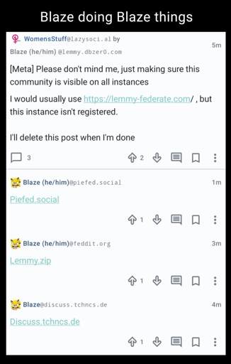 A screenshot shows Blaze making a post in !WomensStuff@lazysoci.al with the title and text: "[Meta] Please don't mind me, just making sure this community is visible on all instances

I would usually use https://lemmy-federate.com/, but this instance isn't registered.

I'll delete this post when I'm done"

The screenshot also shows comments on the post made by alts of Blaze on a number of instances, checking in to note that the community is federated to the given instance.