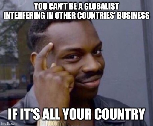 Smart Guy Meme: YOU CAN'T BE A GLOBALIST INTERFERING IN OTHER COUNTRIES' BUSINESS; IF IT'S ALL YOUR COUNTRY