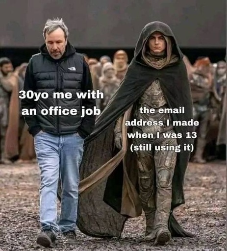 the director and  a actor from the dune remake walk side by side. "30 me with office job" "the email I made when I was 13"