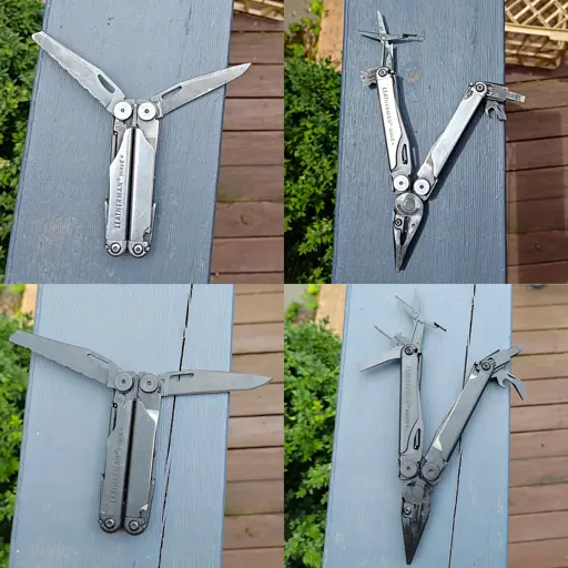 A selection of before and after photos comparing a used multitool to a new one of the same model